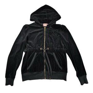 Vintage Y2K Juicy Couture Velour Jacket SZ XL Black Bow Babydoll Hooded Goth